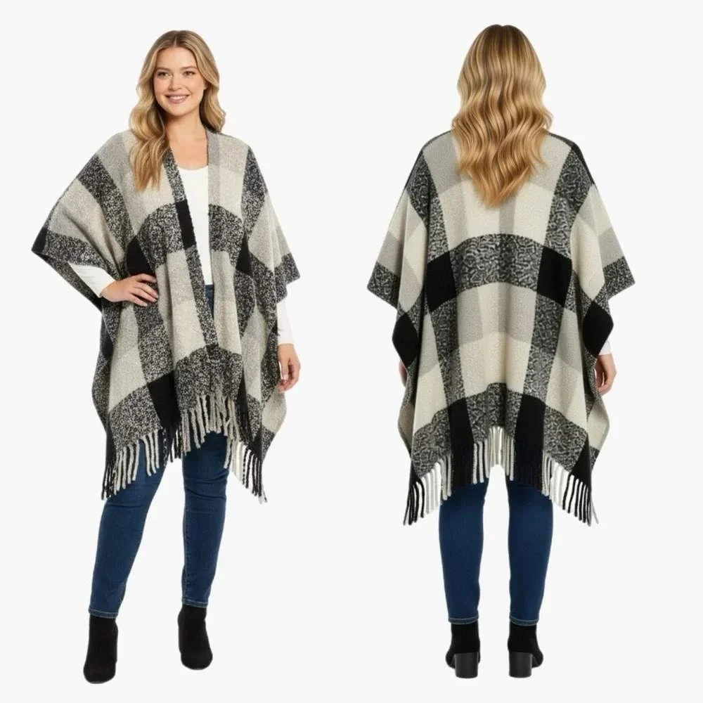 Woolrich Buffalo‎ Plaid Fringe Wrap Shawl Poncho Black Gray OS Heritage Layering